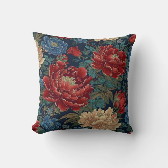 Chinoiserie Red Peony Floral Throw Kissendecke Kissen (Vorderseite)