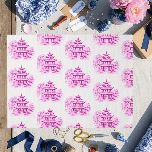 Chinoiserie Rosa Weidenpagode Seidenpapier (Chinoiserie Pink Willow Pagoda Tissue Paper)