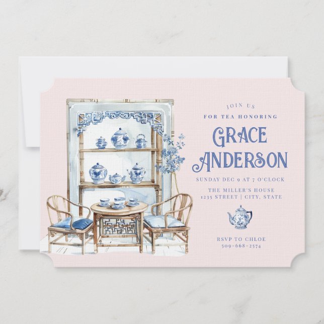 Chinoiserie rose et bleu Bamboo Thé Invitation (Devant)
