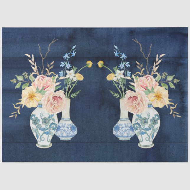 Chinoiserie Rose Peony Blume Navy Blue Wood Seidenpapier (Vorderseite)