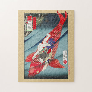 Chinoiserie Roter Koi-Karpfen & Held Jungen Druck