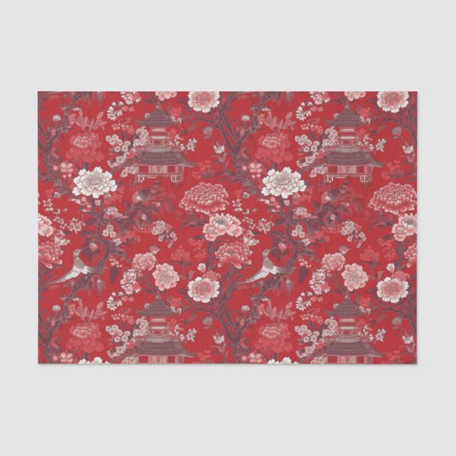 Chinoiserie Rotes Rosa Blumengemälde Dekoupage Seidenpapier (Vorderseite)