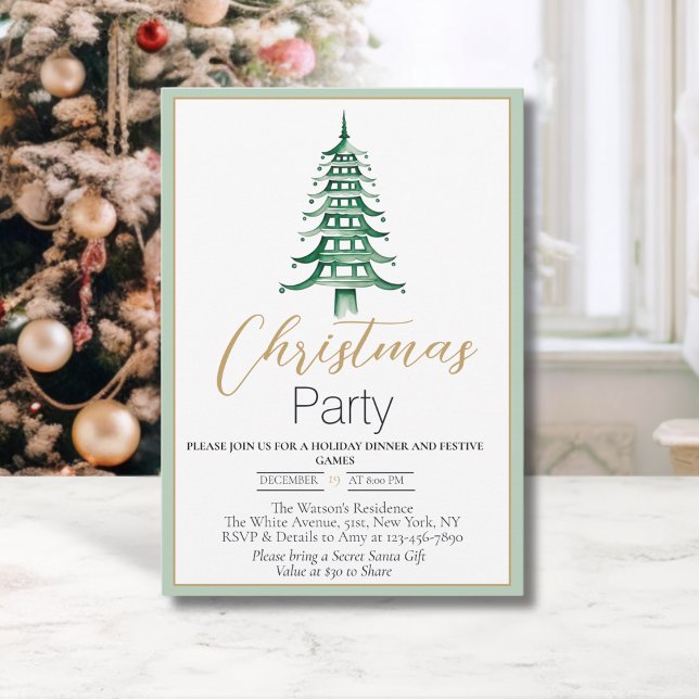 Chinoiserie Sage Green Pagoda Einladung zu Weihnac (Chinoiserie Pagoda Christmas Tree- Christmas Party invitation)