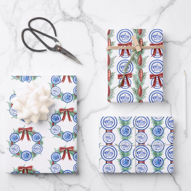 Chinoiserie Teller Watercolor Weihnachten Geschenkpapier Set (Vorderseite)
