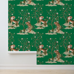 Chinoiserie-Tiger, Pfingstrosen und Bäume Frühling Tapete