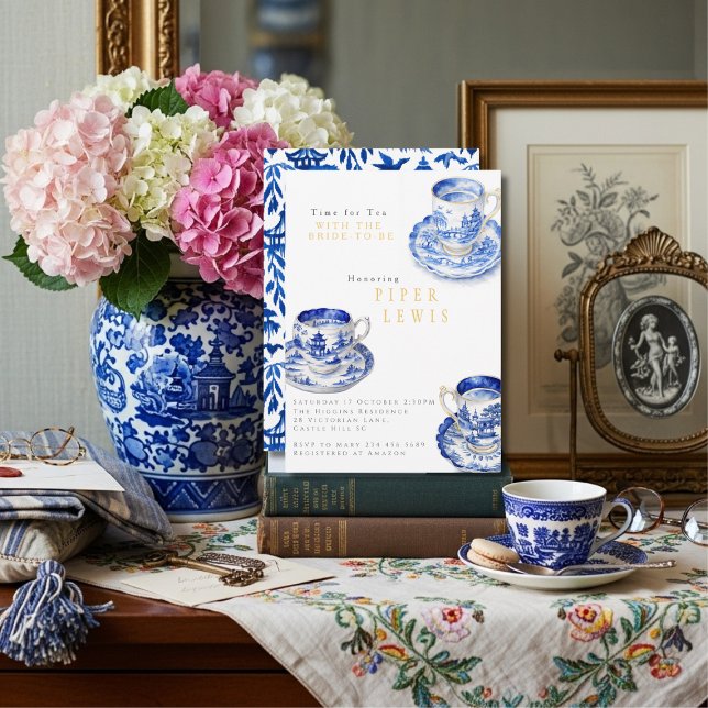 Chinoiserie Time for Tea Bridal Shower Blue  Einladung (Chinoiserie Time for Tea Bridal Shower Blue Invitation)