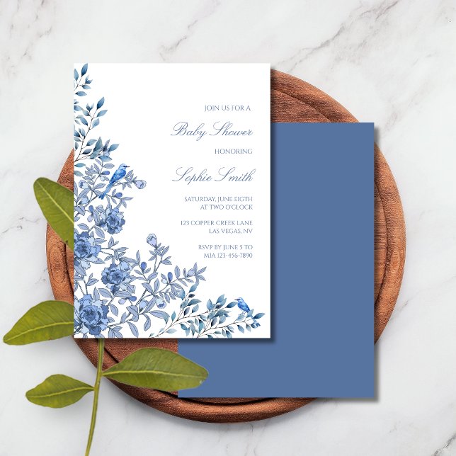 Chinoiserie Toile Blue Floral Baby Shower Einladung (Von Creator hochgeladen)