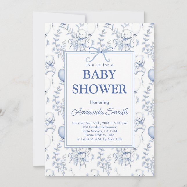 Chinoiserie Toile de Jouy Blue Babydusche Einladung (Vorderseite)
