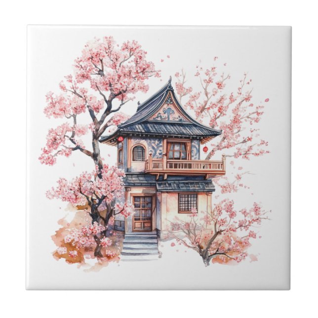 Chinoiserie Toile De Jouy Pagode  Fliese (Vorderseite)