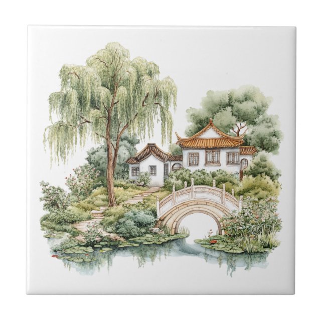 Chinoiserie Toile De Jouy Pagode  Fliese (Vorderseite)