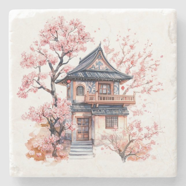 Chinoiserie Toile De Jouy Pagode  Steinuntersetzer (Vorderseite)