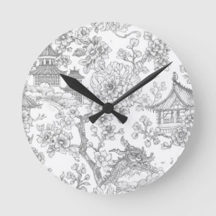 Chinoiserie-Toile-Drache-Kirschblüten-Verzierung Runde Wanduhr