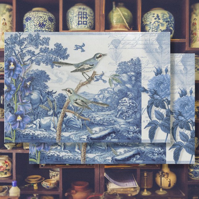 Chinoiserie Toile Floral Blue White Script Collage Seidenpapier (Von Creator hochgeladen)