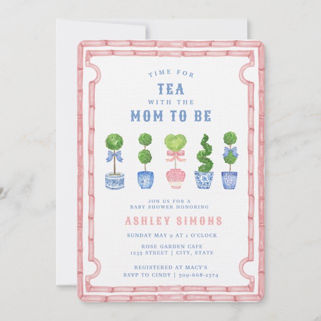 Chinoiserie Topiary Babydusche | Rosa Tee Party Einladung (Vorderseite)