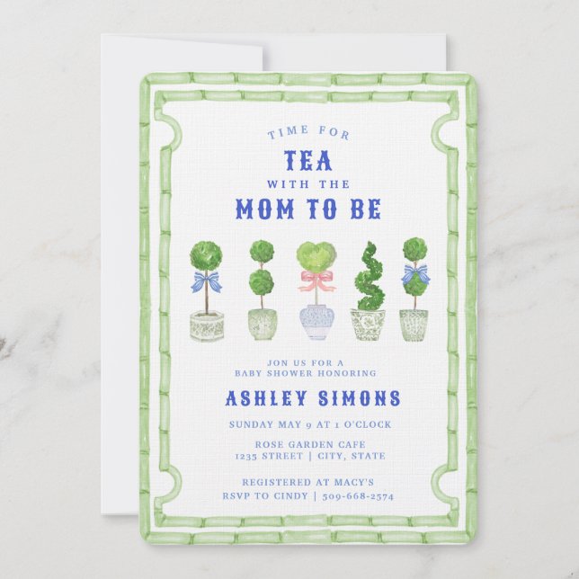 Chinoiserie Topiary Babydusche | Tee-Party Einladung (Vorderseite)