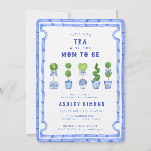 Chinoiserie Topiary Babydusche | Tee-Party Einladung (Vorderseite)