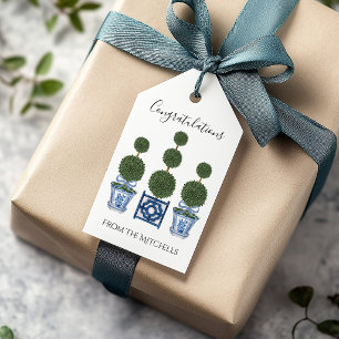 Chinoiserie-Topiary-Bäume mit blauem Band  Geschenkanhänger