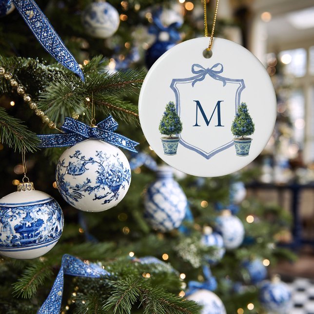 Chinoiserie Topiary Mit Monogramm Wappen Weihnacht Keramik Ornament (Topiary Monogram Christmas Ornament)
