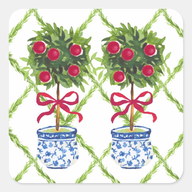 Chinoiserie Topiary Red Christmas Quadratischer Aufkleber (Vorderseite)