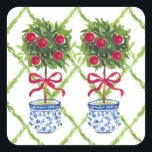 Chinoiserie Topiary Red Christmas Quadratischer Aufkleber<br><div class="desc">Fügen Sie diesen niedlichen Aufkleber zu Ihren Urlaubskarten hinzu!</div>