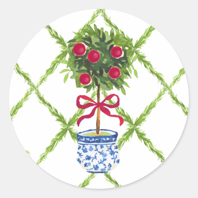 Chinoiserie Topiary Weihnachten Runder Aufkleber (Vorderseite)