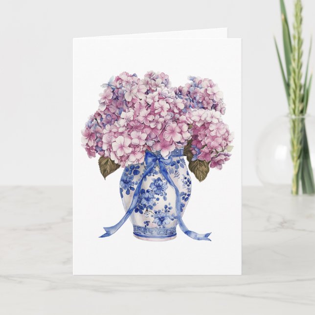 Chinoiserie Vase Hydrangea Blume Leere Begrüßung Karte (Vorderseite)
