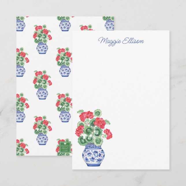 Chinoiserie Vase of Red Geraniums Dankeskarte (Vorne/Hinten)