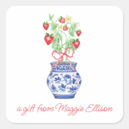 Chinoiserie Vase of Red Strawberries Geschenk Quadratischer Aufkleber