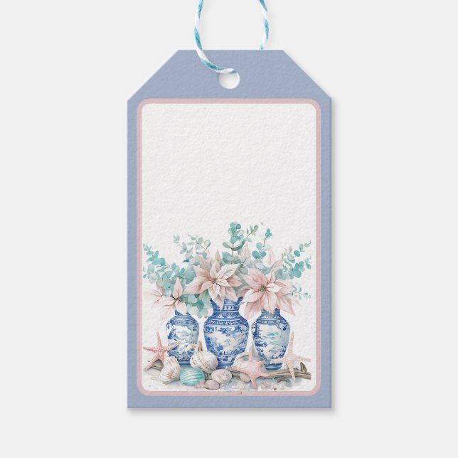 Chinoiserie Vases mit Eukalyptus & Poinsettias Geschenkanhänger (Vorderseite)