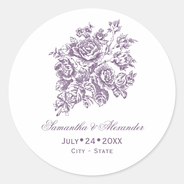 Chinoiserie Viktorianische Lila Rose Bouquet Weddi Runder Aufkleber (Vorderseite)