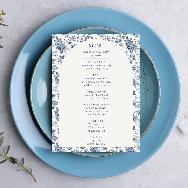 Chinoiserie Vintage Chinoiserie Blauer Hochzeitsta Menükarte (Chinoiserie Dusty Blue Victorian French Vintage Floral Wedding Menu with Arch)