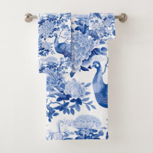 Chinoiserie Vintage Paons Floraux Bleus Blancs