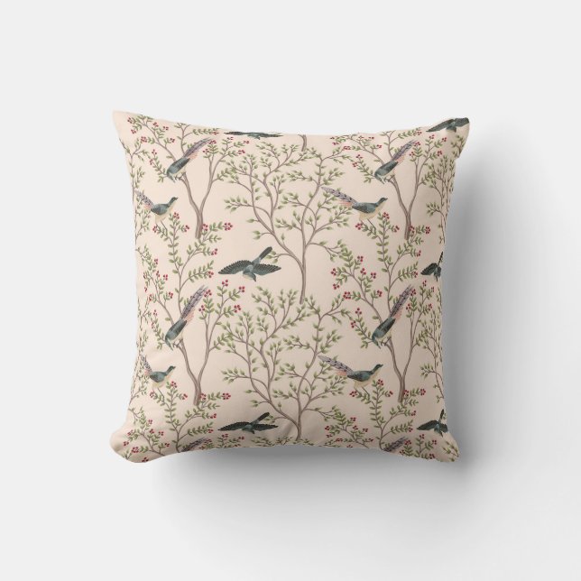 Chinoiserie Vögel und Blattrot Rosa Kissen (Vorderseite)