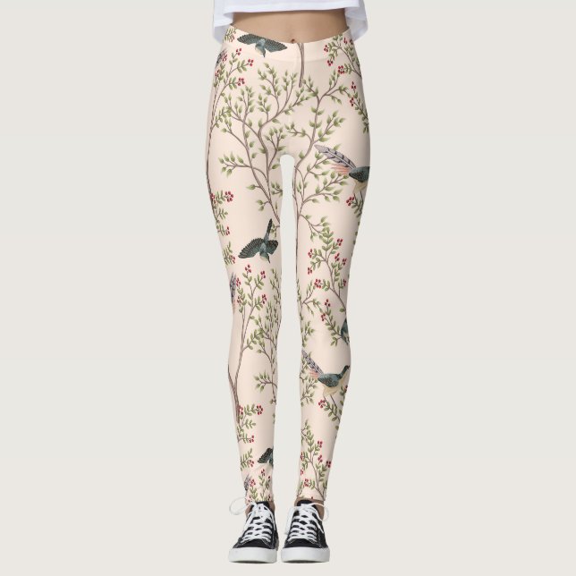 Chinoiserie Vögel und Blattrot Rosa Leggings (Vorderseite)