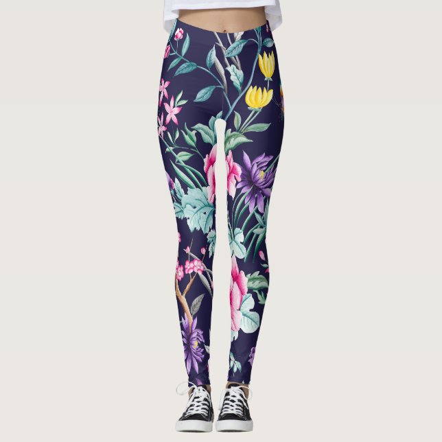 Chinoiserie Vögel und Blume Mitternachtsblauer Leg Leggings (Vorderseite)