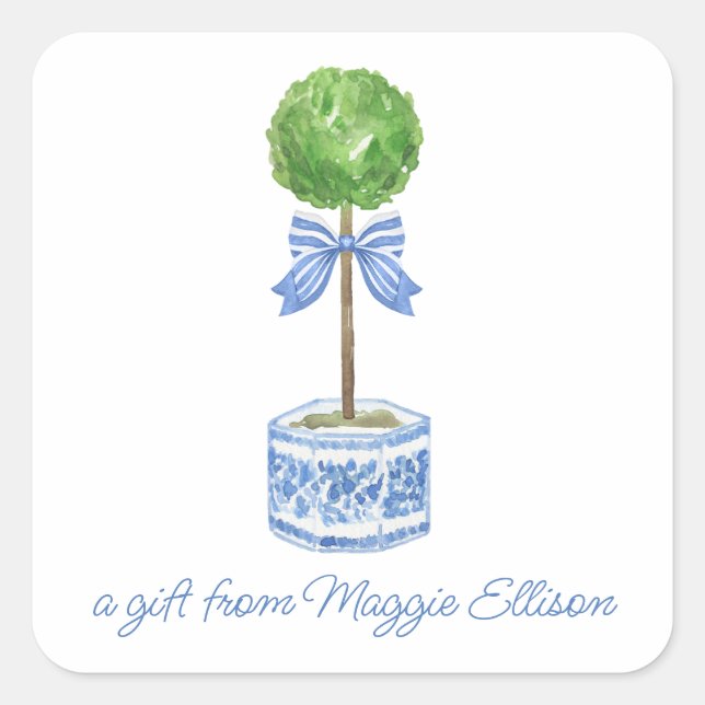Chinoiserie Wasserfarben Bow Topiary Geschenk Quadratischer Aufkleber (Vorderseite)