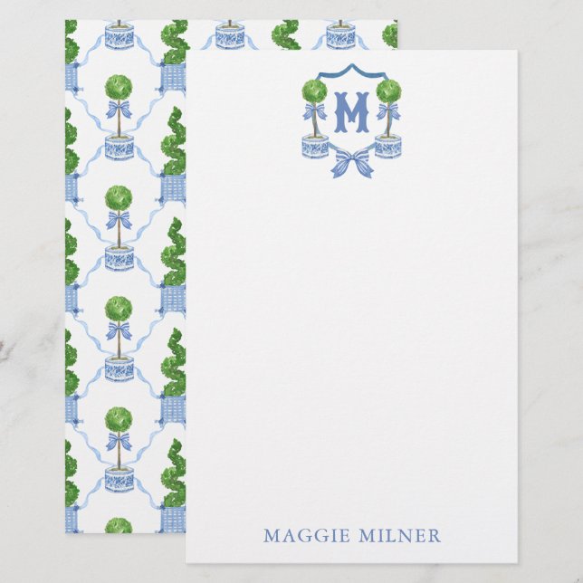 Chinoiserie Wasserfarben Wappen Topiary Monogram Briefpapier (Vorne/Hinten)