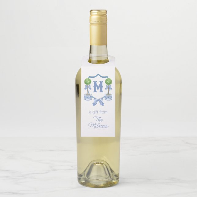 Chinoiserie Wasserfarben Wappen Topiary Monogram Flaschenanhänger (Auf Flasche)