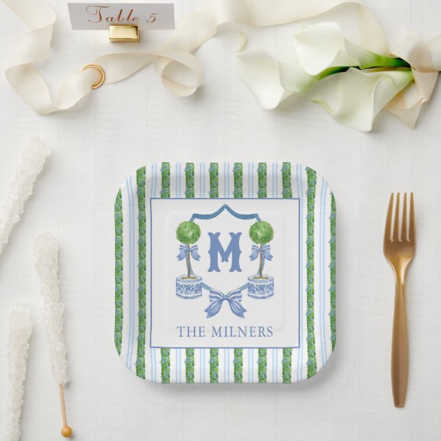 Chinoiserie Wasserfarben Wappen Topiary Monogram Pappteller (Hochzeit)