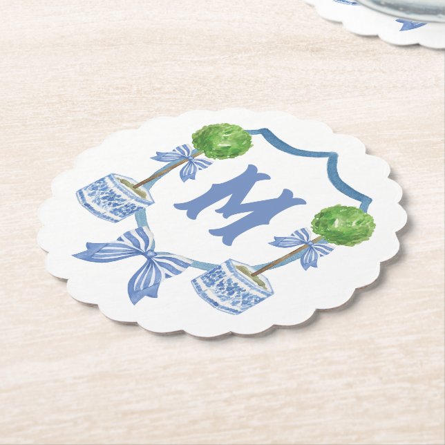 Chinoiserie Wasserfarben Wappen Topiary Monogram Untersetzer (angewinkelt)