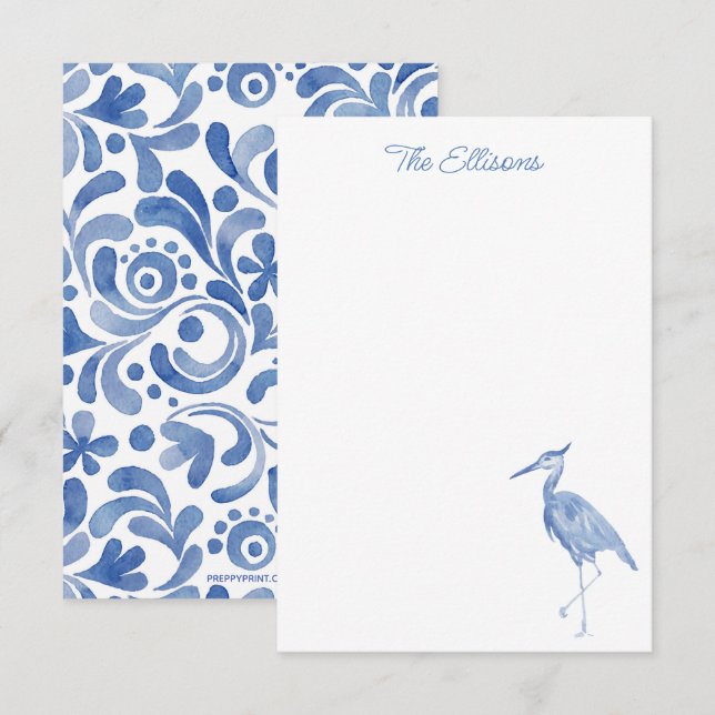 Chinoiserie Watercolor Blue Heron Bird Mitteilungs Dankeskarte (Vorne/Hinten)