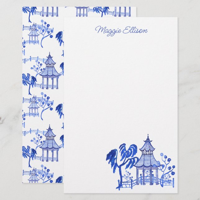 Chinoiserie Watercolor Blue Pagoda Briefpapier (Vorne/Hinten)