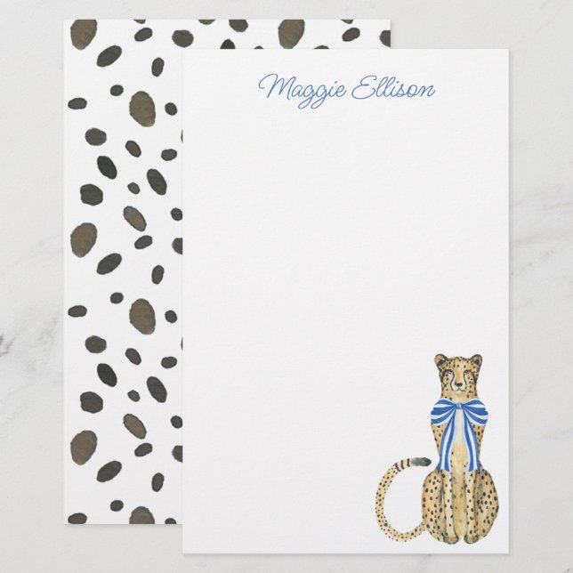 Chinoiserie Watercolor Bow Cheetah Geschirr Briefpapier (Vorne/Hinten)