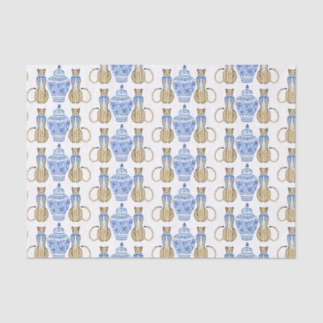 Chinoiserie Watercolor Bow Cheetah Seidenpapier (Vorderseite)