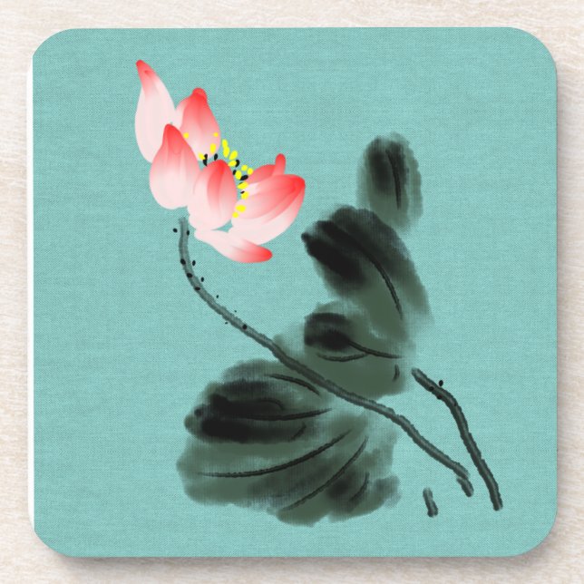 Chinoiserie Watercolor Gemälde Lotus Getränkeuntersetzer (Vorderseite)