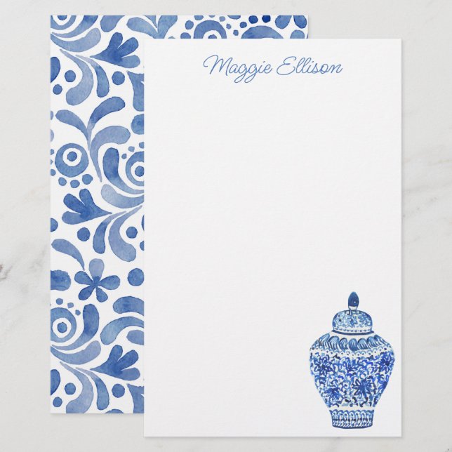 Chinoiserie Watercolor Ginger Jar Stationery Briefpapier (Vorne/Hinten)