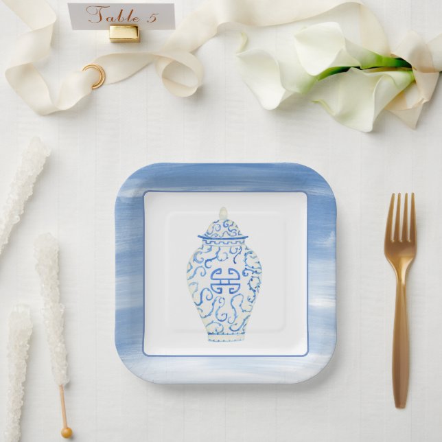 Chinoiserie Watercolor Ginger Jar Vase Pappteller (Hochzeit)