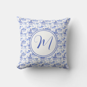 Chinoiserie Watercolor Pagoda Muster Monogramm Kissen