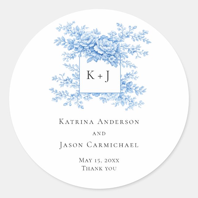 Chinoiserie Wedding Floral Monogram Elegant Runder Aufkleber (Vorderseite)
