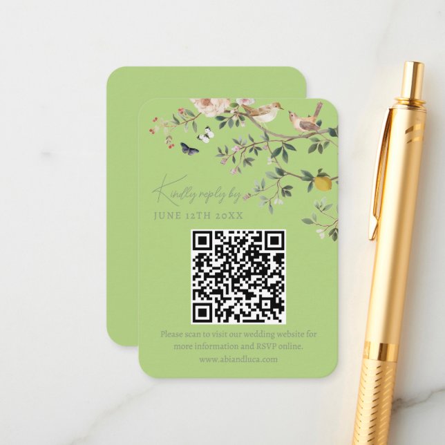 Chinoiserie Wedding Website RSVP QR Code  Begleitkarte (Vorderseite/Rückseite Beispiel)
